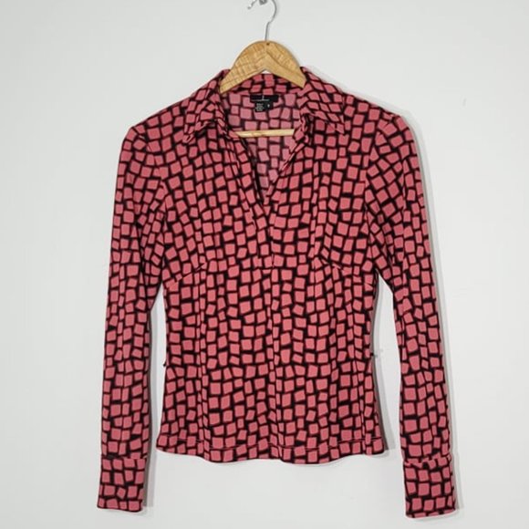 Carriere Pink & Black Print Collared V-Neck Long Sleeve Popover Blouse Sz S - Picture 1 of 10